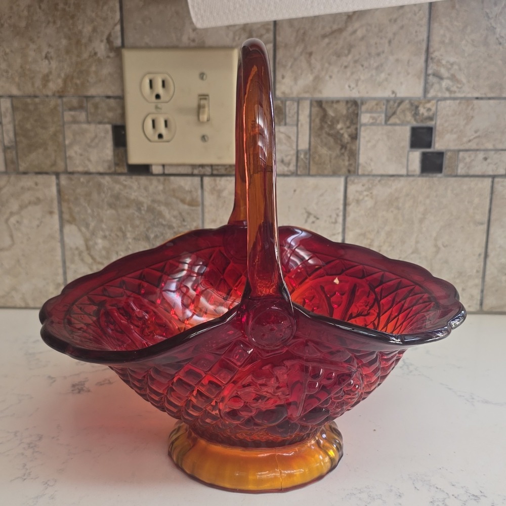 HUGE Vintage Large Indiana Amberina Red Orange Glass Basket